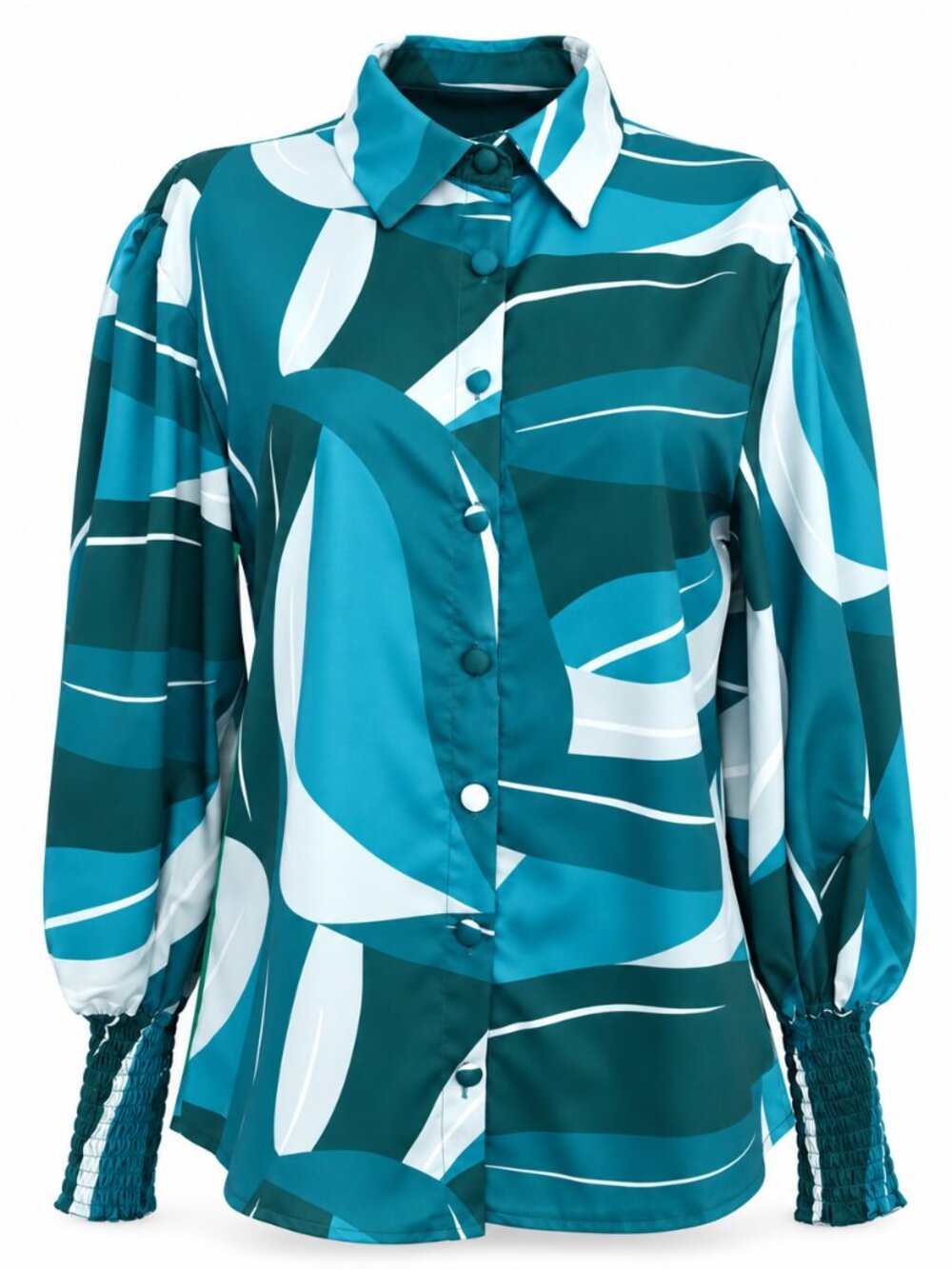 Teal Abstract Print Button Front Blouse New XL